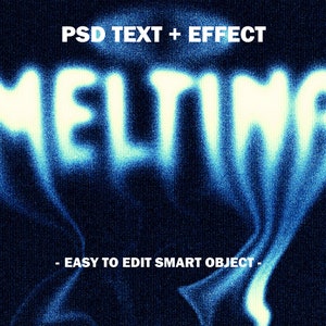 Könnte beinhalten: Ein blauer und weißer Texteffekt, der "MELTING" sagt, mit einem weißen Schein um den Text. Der Texteffekt befindet sich auf einem dunkelblauen Hintergrund.