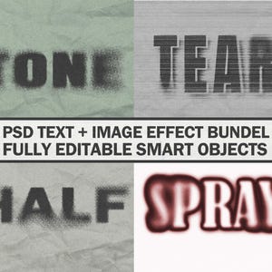 May include: A set of four text effects in a PSD file format. The effects are "TONE", "TEAR", "HALF", and "SPRAY". The effects are fully editable smart objects.