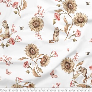 SUNFLOWERS CHIPMUNKS Premium cotton fabric nursery, digital print, 50cm L x 158cm/62" W, 152g/m2 smooth and soft 100% cotton - 50cm increm.