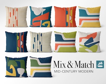 Mid-Century Modern, Teal, Blue, Orange Accent PIllow Covers, Navy, Lime Green Decorative Throw Pillow, Retro, 16x16, 18x18, 20x20, Zipper
