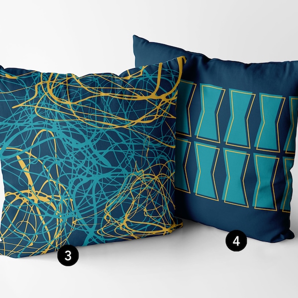 Mid-Century Modern Throw Pillow Cover: Teal, Navy & Gold Boho Design
