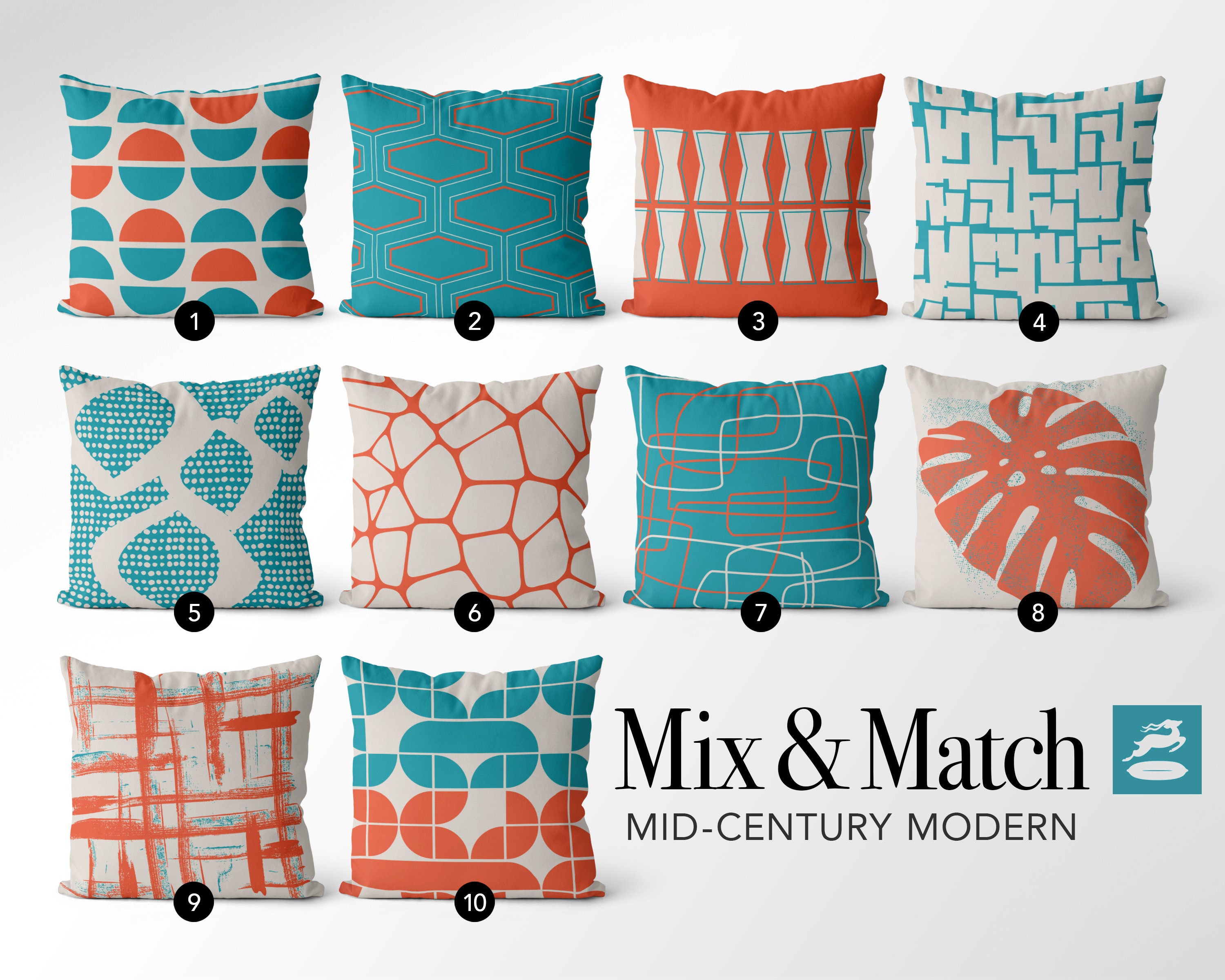 Midcentury Modern, Teal Blue, Orange, Throw Pillow Covers 20x20, Boho