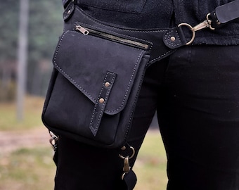 Handmade Leather leg bag - Tied Leg - Adjustable Strap - Motard - Steampunk for Women & Men