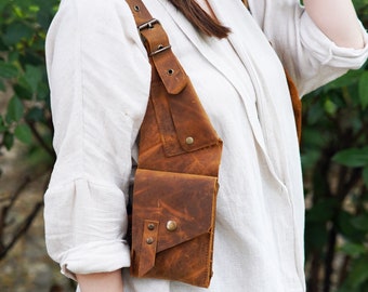 Handmade Leather Holster Bag, Travel Phone Harness Bag