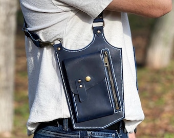 Blue Leather Holster Bag - Shoulder Strap Crossbody with Phone Pocket