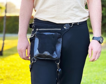 Black Leather Leg Bag: Convertible Waist to Shoulder Bag