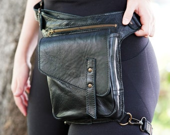 Leather Thigh Bag - Hip Bag - Leather Covered Leg Bag - Thigh Strap Fanny Pack - Leather Bag