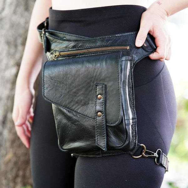 Leather Thigh Bag - Hip Bag - Leather Covered Leg Bag - Thigh Strap Fanny Pack - Leather Bag