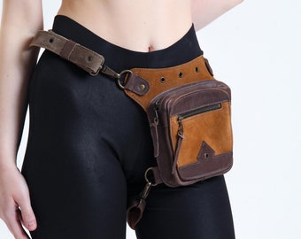 Tan Leather Small Soft Genuine Leather Drop leg Bag with Comfortable And Adjustable Strap, Unisex Fanny Pack Bag, Leather Fanny Bag Gift