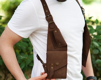 Handmade Leather Holster Bag - Brown Shoulder Harness, Festival Wear