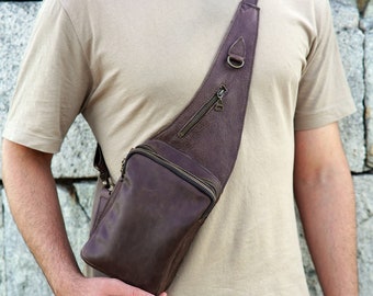 Handmade Brown Leather Chest Bag: Crossbody Sling Bag for Men