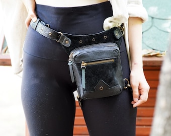 Black Leather Bum Bag: Handmade Festival Waist Bag