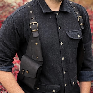 Black Leather Holster Bag - Leather Holster Bag - Phone Holster Vest - Chest Holsters - Festival Harness Bag