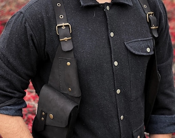 Handmade Black Leather Holster Bag – Festival Harness, Phone Holder