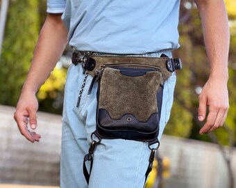Green Leather Waist Bag: Belted Leg Bag for Everyday & Outdoor Use