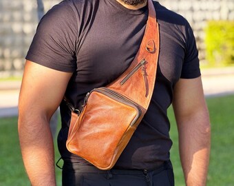 Handmade Taba Leather Crossbody Bag: Unisex Travel Shoulder Bag