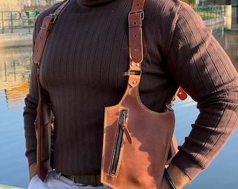 Handmade Leather Holster Bag - Dual Shoulder Wallet, Phone Pocket