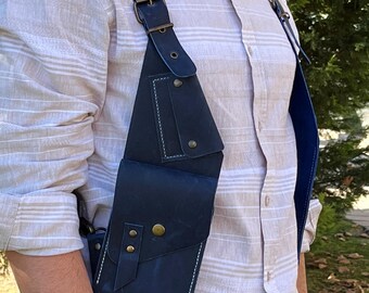 Blue Leather Holster Bag: Handmade Festival Travel Bag