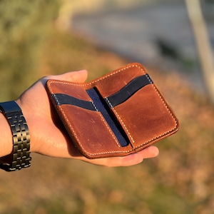 Handmade Slim Calfskin Leather Card Holder Wallet - Blue