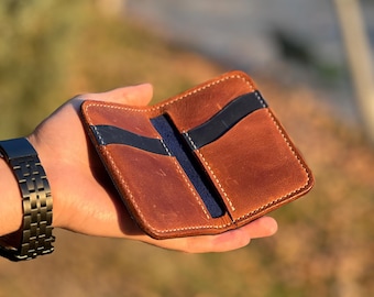 Handmade Slim Calfskin Leather Card Holder Wallet - Blue