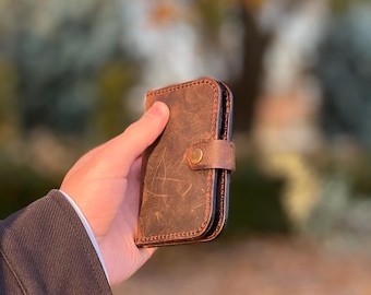 Handmade Brown Calfskin Leather Card Holder: Slim Minimalist Wallet