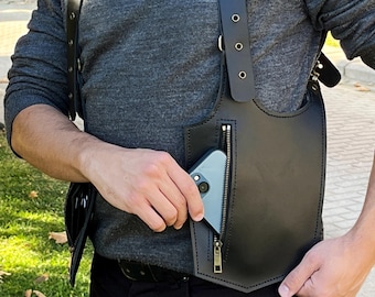 Handmade Black Leather Holster Bag, Festival Travel Harness