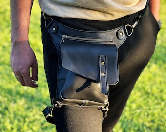 Handmade Black Leather Leg Bag: Festival Hip Belt Bag
