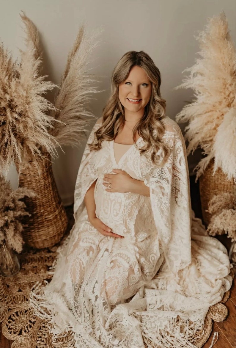 Boho Lace Maternity Photo Shoot Long Dresses Bell Sleeve Pregnancy Photography Props Dress