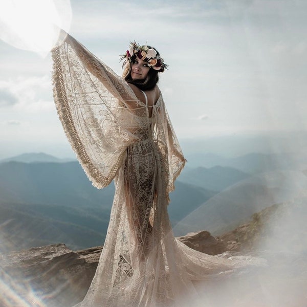 Robe de maternité bohème, robe en dentelle crème, séance photo de maternité, robe en dentelle à manches longues, robe longue bohème, robe bohème rustique de mariage sur la plage