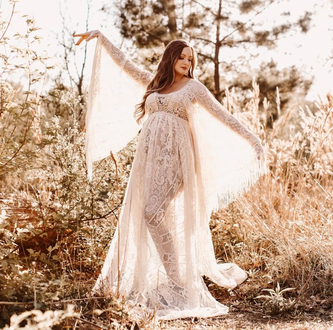 Boho Maternity Dress, Cream Lace Dress, Maternity Photoshoot,long