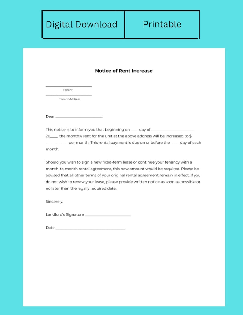 Download Rent Increase Form Rent Increase Notice - Digital Download - Etsy