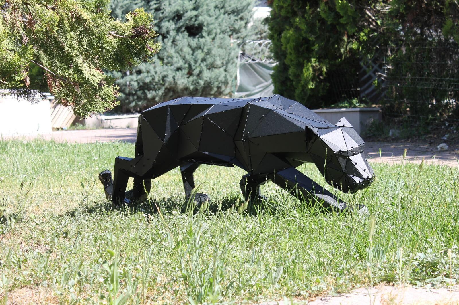 Design Panther Statuetta Leopardo In Metallo Argentato Su Base Legno Mango - 51x15x17 Cm - 3