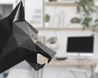 cabeza de lobo de metal, arte de metal 3D, diseño de metal, escultura de animal, decoración de pared, arte de pared, decoración de pared 3D, decoración de pared de metal, figura de metal 3D