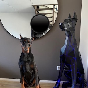 sitting doberman, metal doberman, 3d metal, metal decoration, animal sculpture, doberman sculpture, metal statue, 3d metal statue