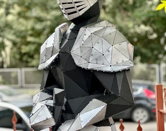 Medieval Knight Statue, Metal Armor Sculpture, Life Size Knight Decor, Low Poly Warrior Statue, Castle & Man Cave Decor