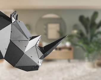 metalowa głowa nosorożca, metalowa dekoracja ścienna, sztuka ścienna, metalowa głowa zwierzęcia, metalowa figurka 3D, 3D figurka zwierzęcia, metalowa figurka zwierzęcia, dekoracja ścienna