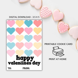 Valentines Printable Cookie Card for Mini 2&quot; - 3&quot; Cookies, Downloadable, Multi Color Hearts, Kids Class Valentine, Instant Download