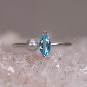 LUCIA Duet Ring - Swiss Blue Topaz Marquise & Grey Freshwater Pearl - Custom Made