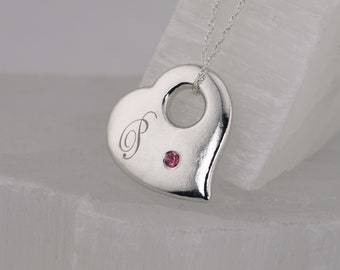 Personalised Engraved Initial Puffy Heart Pendant Necklace with Birthstone - Sterling Silver - Custom Made