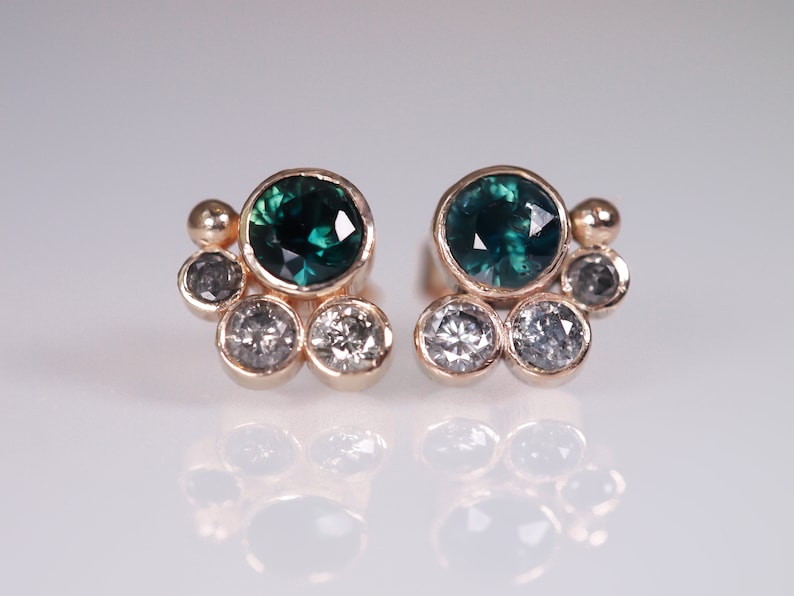 HALLEY Teal Sapphire and Salt & Pepper Diamond Stud Earrings 9K Gold image 1