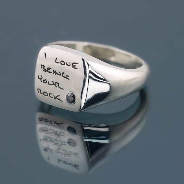 Personalised Square Signet Ring with Salt and Pepper Diamond - Handwritten Notes - Sterling Silver or 9k Gold - Custom Made