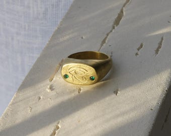 Eye of Horus Cushion Signet Ring with Lab Emeralds - 22k Gold Vermeil - Custom Made