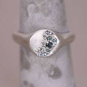 STARRY NIGHT Signet Ring - Australian Teal Sapphire,  Madagascan Blue Sapphire & Green Sapphire - Made to Order