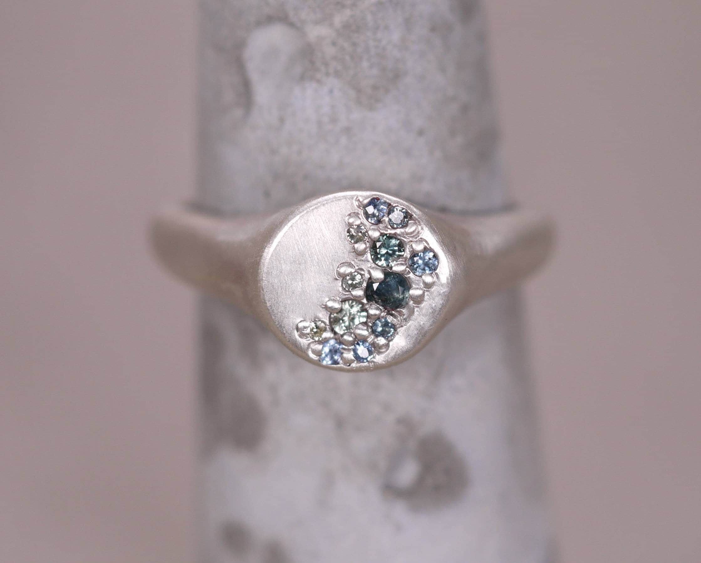 STARRY NIGHT Signet Ring - Australian Teal Sapphire,  Madagascan Blue Sapphire & Green Sapphire - Made to Order