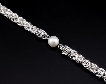 Byzantine Bracelet with Freshwater Pearl - Sterling Silver - Handmade