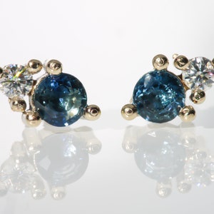 PEGASUS Teal Blue Sapphire and Moissanite Stud Earrings - 9K Gold or Sterling Silver