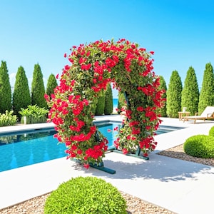 May include: A vibrant outdoor scene features a swimming pool, lush greenery, and a floral archway. The arch is adorned with bright red flowers and green foliage. Tall, slender trees line the background under a clear blue sky, creating a serene and inviting atmosphere.