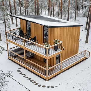 Modern tiny house plans with loft and spacious covered porches, perfect for small living enthusiasts. This 16x20 tiny home floor plan includes a functional 2-bedroom, 1-Bath, 1-Kitchen, open living space, and outdoor deck areas for relaxing. Ideal for anyone searching for small cabin designs, affordable housing solutions, or minimalist living ideas. Downloadable PDF building plans for easy construction.