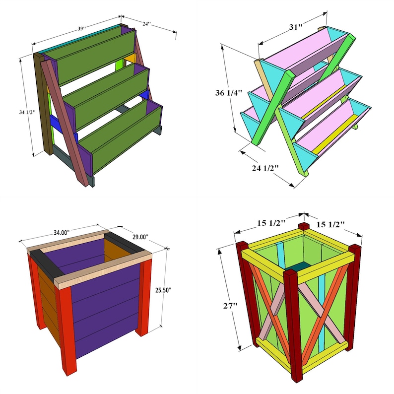 High-quality PDF plans for building 12 DIY raised garden planter boxes with clear, 3D diagrams, detailed technical drawings, complete materials and tool lists, and precise cut lists. Designed for standard lumber, these step-by-step blueprints guide beginners and experienced woodworkers through constructing sturdy herb, flower, and vegetable beds. Perfect for patios, balconies, decks, and small gardens, these versatile designs maximize space, improve drainage, and enhance outdoor aesthetics.