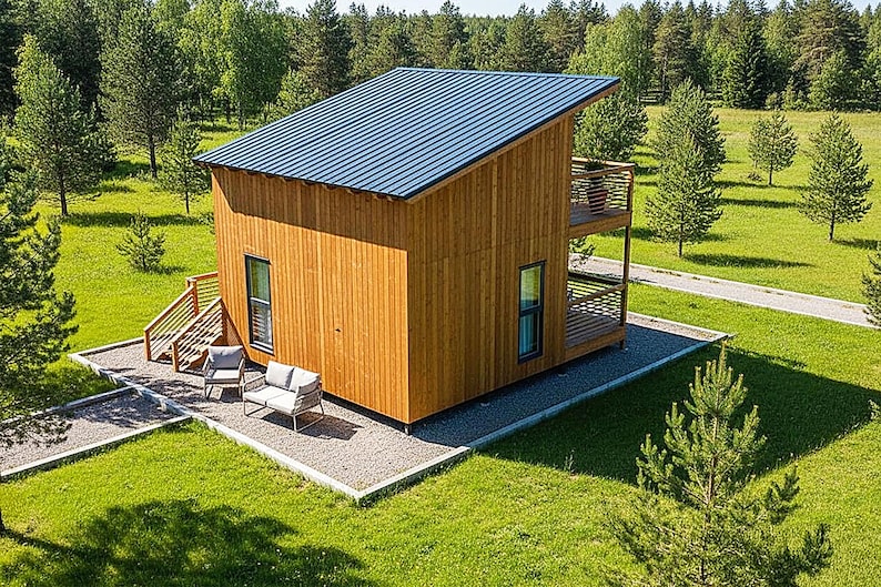 Modern tiny house plans with loft and spacious covered porches, perfect for small living enthusiasts. This 16x20 tiny home floor plan includes a functional 2-bedroom, 1-Bath, 1-Kitchen, open living space, and outdoor deck areas for relaxing. Ideal for anyone searching for small cabin designs, affordable housing solutions, or minimalist living ideas. Downloadable PDF building plans for easy construction.